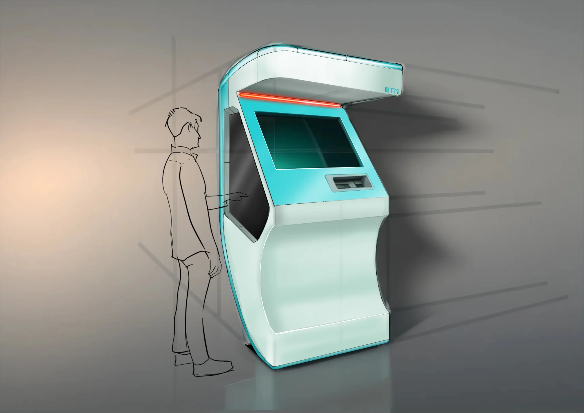Turquoise zelfbedieningskiosk met scherm en luifel, met een figuur voor de schaal, digitaal gerenderd