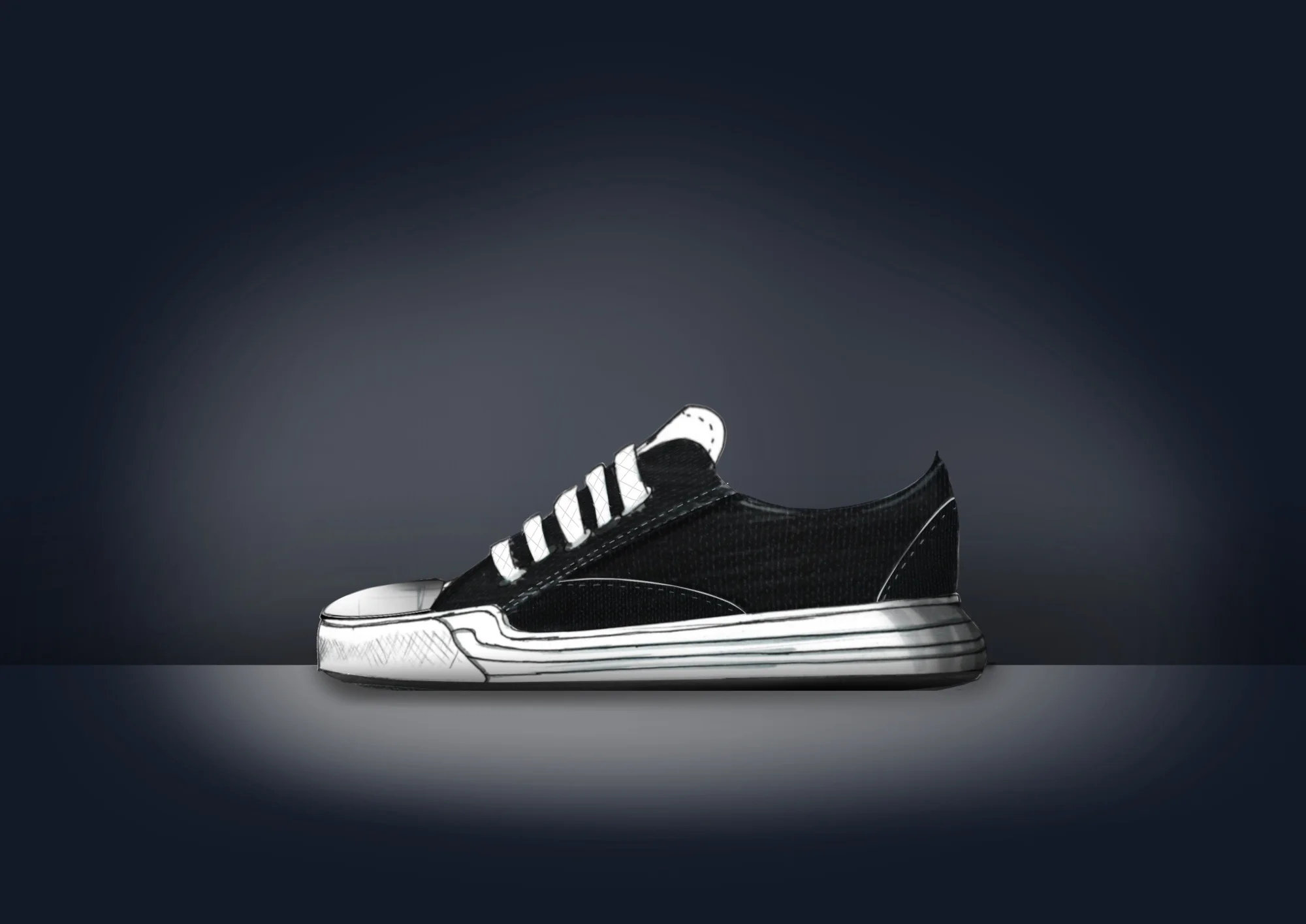 Zwarte sneaker met witte strepen en zool in een spotlicht, digitaal gerenderd