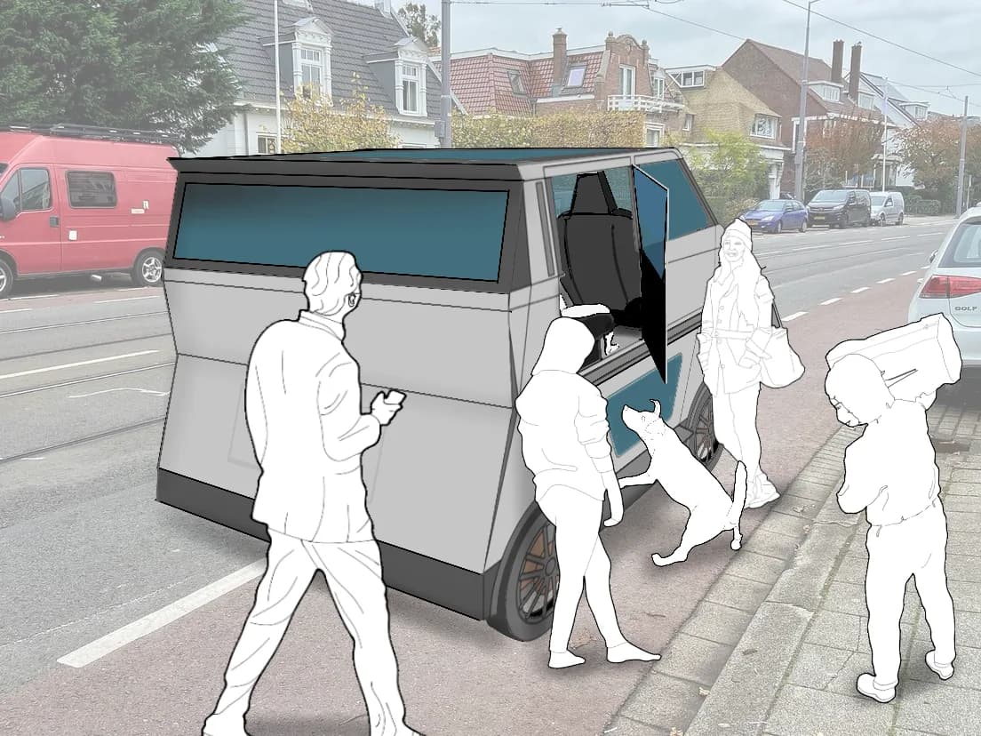 Render van de Retriever, een grijze gezinsauto met schuifdeur, in een straat in Hillegersberg