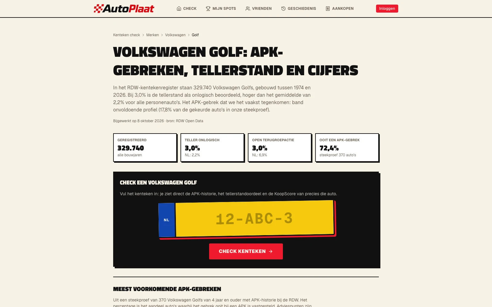 Modelpagina van de Volkswagen Golf op autoplaat.com, met RDW-cijfers in vier vakken en een kentekenveld