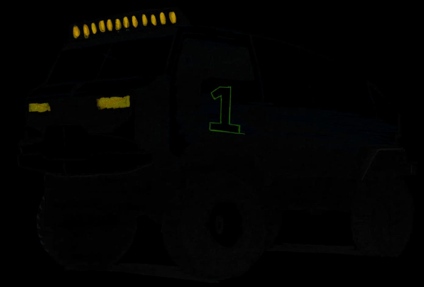 Schets van een Dakar-rallytruck met nummer 1, in grijze marker met groene en gele accenten