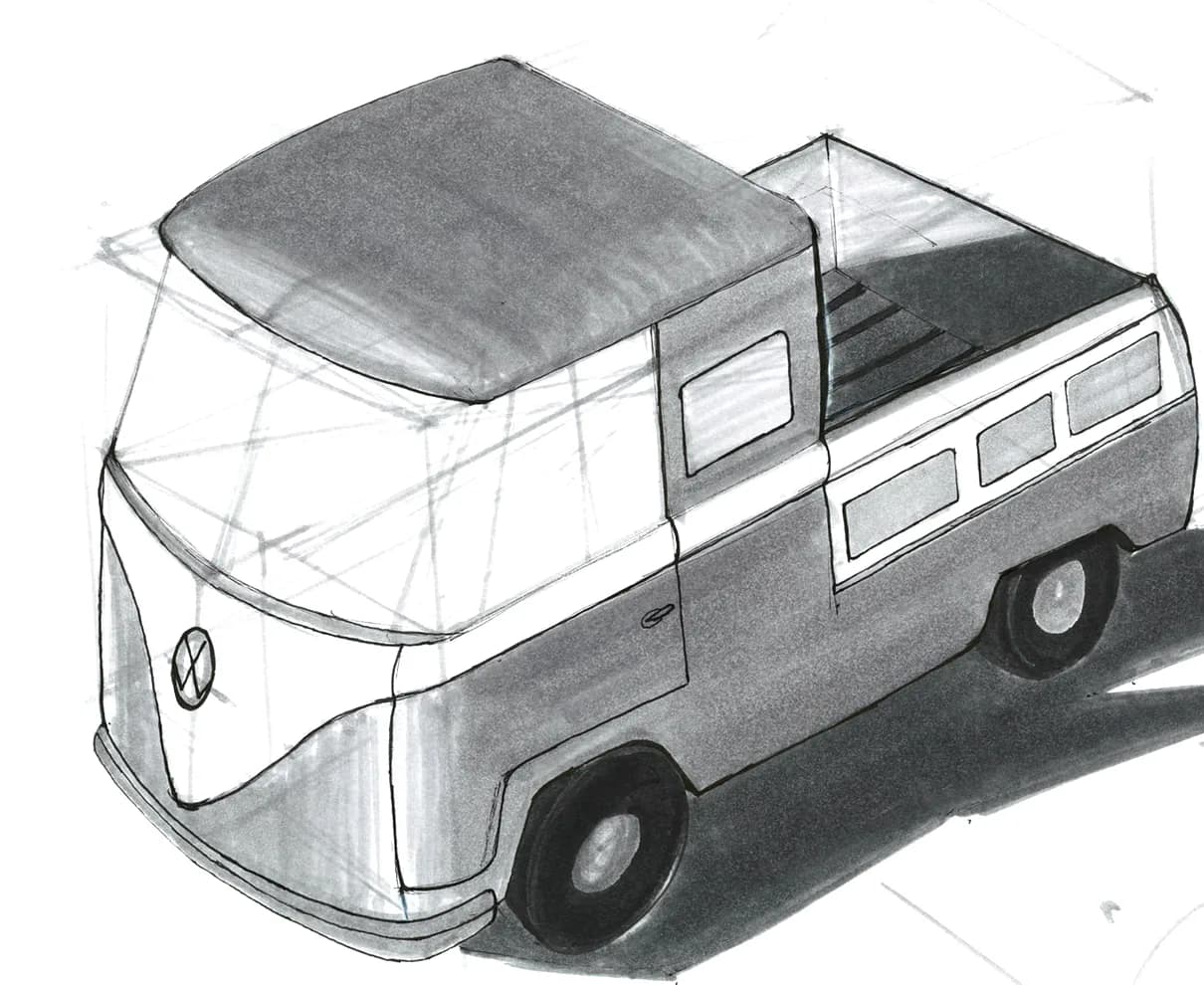 Schets van een Volkswagen T1 pick-up met dubbele cabine en constructielijnen
